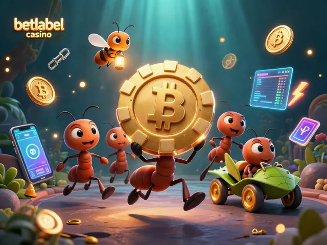 Experience the excitement of betlabel casino with animated ants heisting a giant poker chip amidst crypto elements.