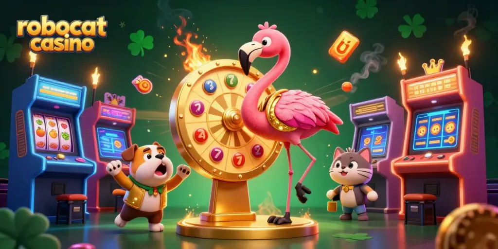 Spin the prize wheel at Robocat Casino with an animated flamingo host and excited bulldog!
