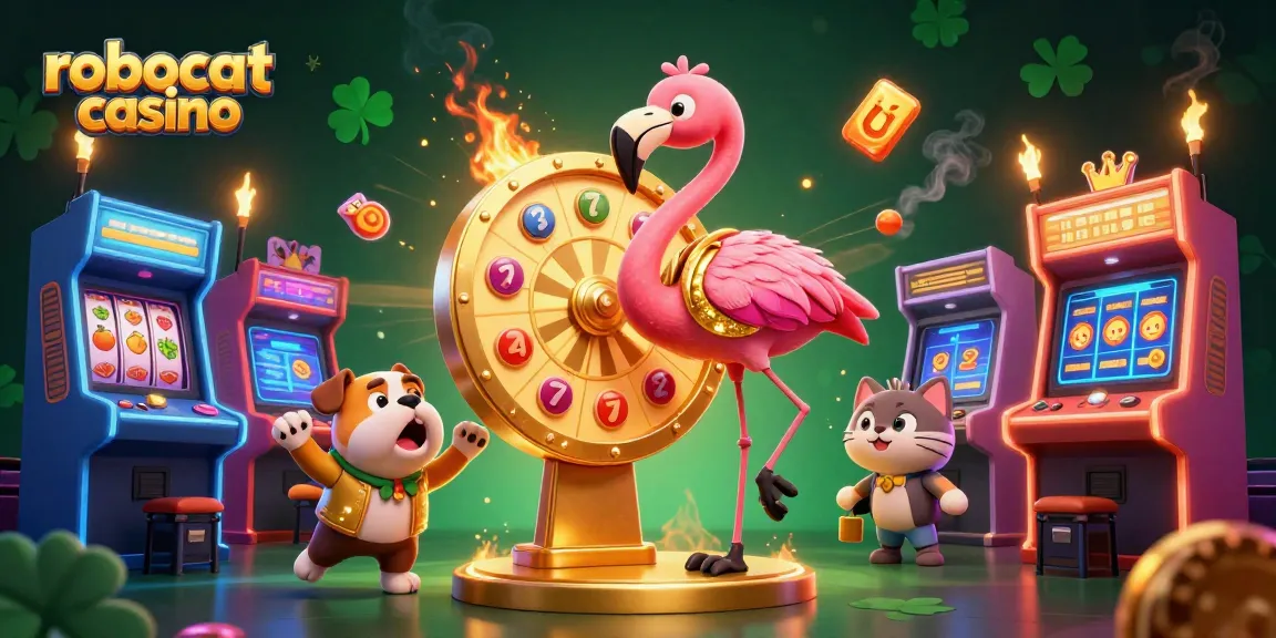 Spin the prize wheel at Robocat Casino with an animated flamingo host and excited bulldog!