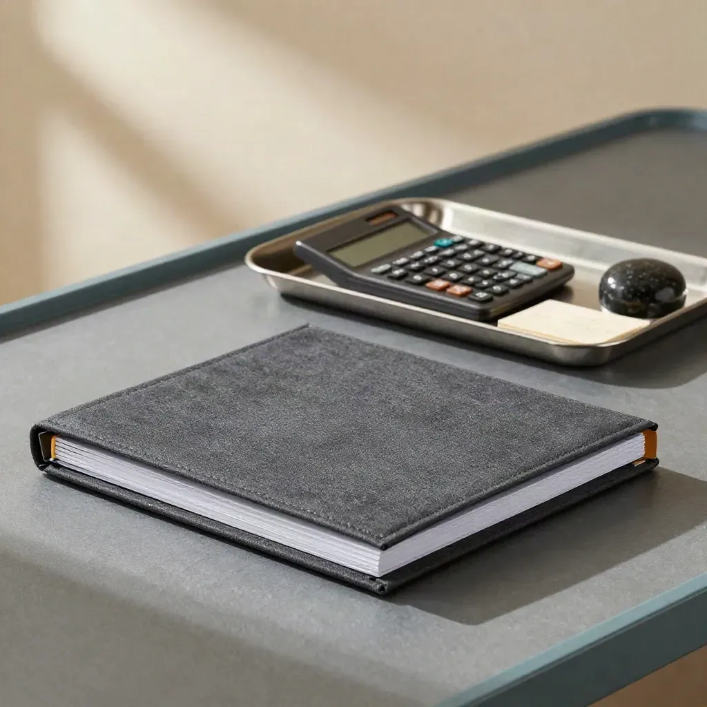 Carpeta de diagnóstico, bandeja vacía, calculadora y peso de papel sobre pizarra con luz cálida
