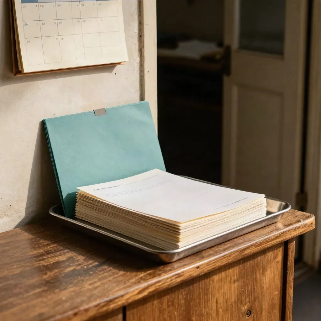 Entrada de un taller con cartas apiladas, calendario neutro y carpeta de respuesta en luz cálida.