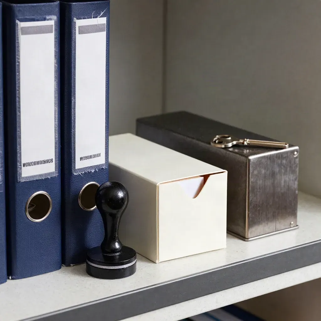 Archivadores de tela, sello de caucho, caja de tarjetas y peso de papel sobre travertino.