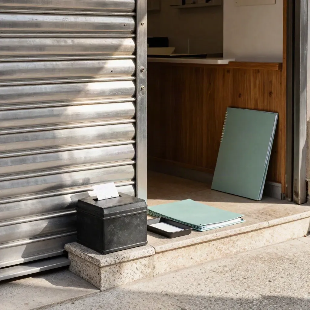 Persiana medio subida, caja cerrada y carpeta de negociación en la entrada de un pequeño comercio.