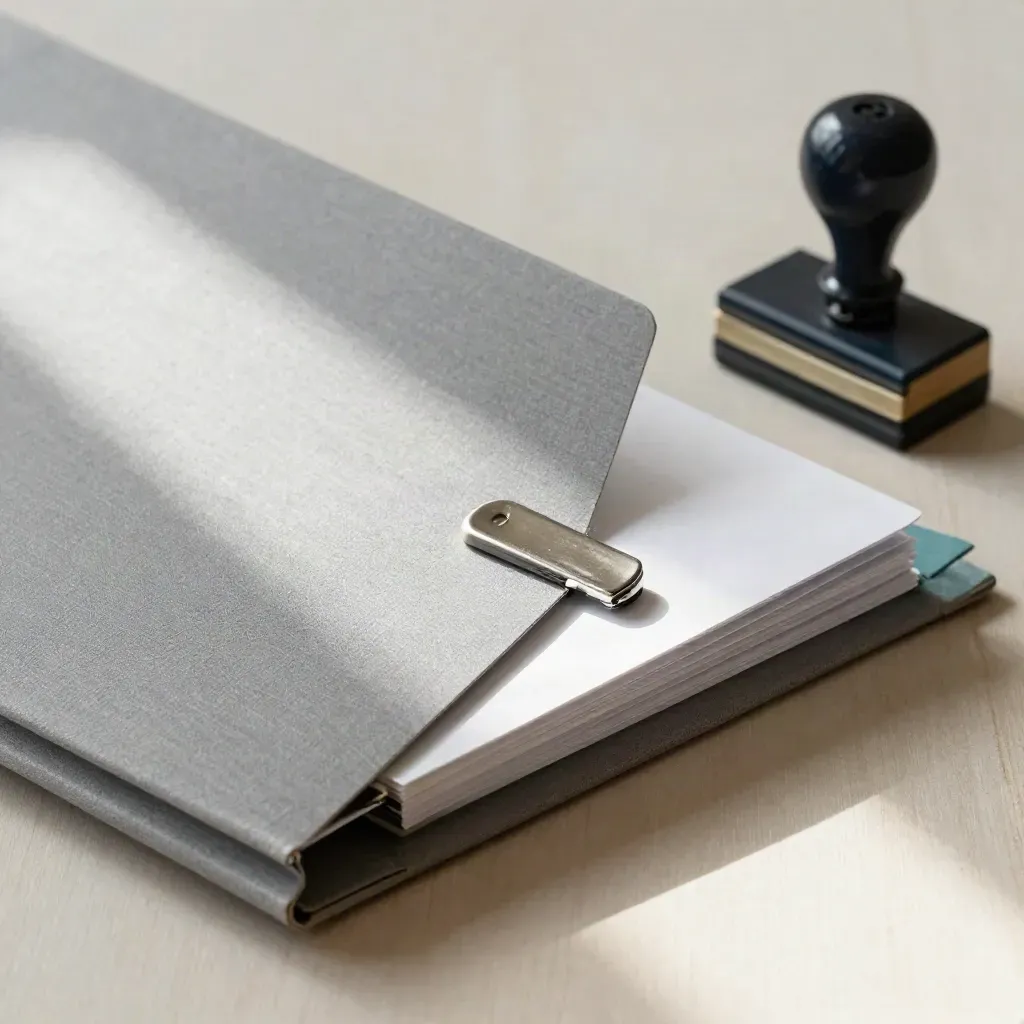 Carpeta gris de ingreso, sello y clip de acero sobre madera clara, con detalle teal.
