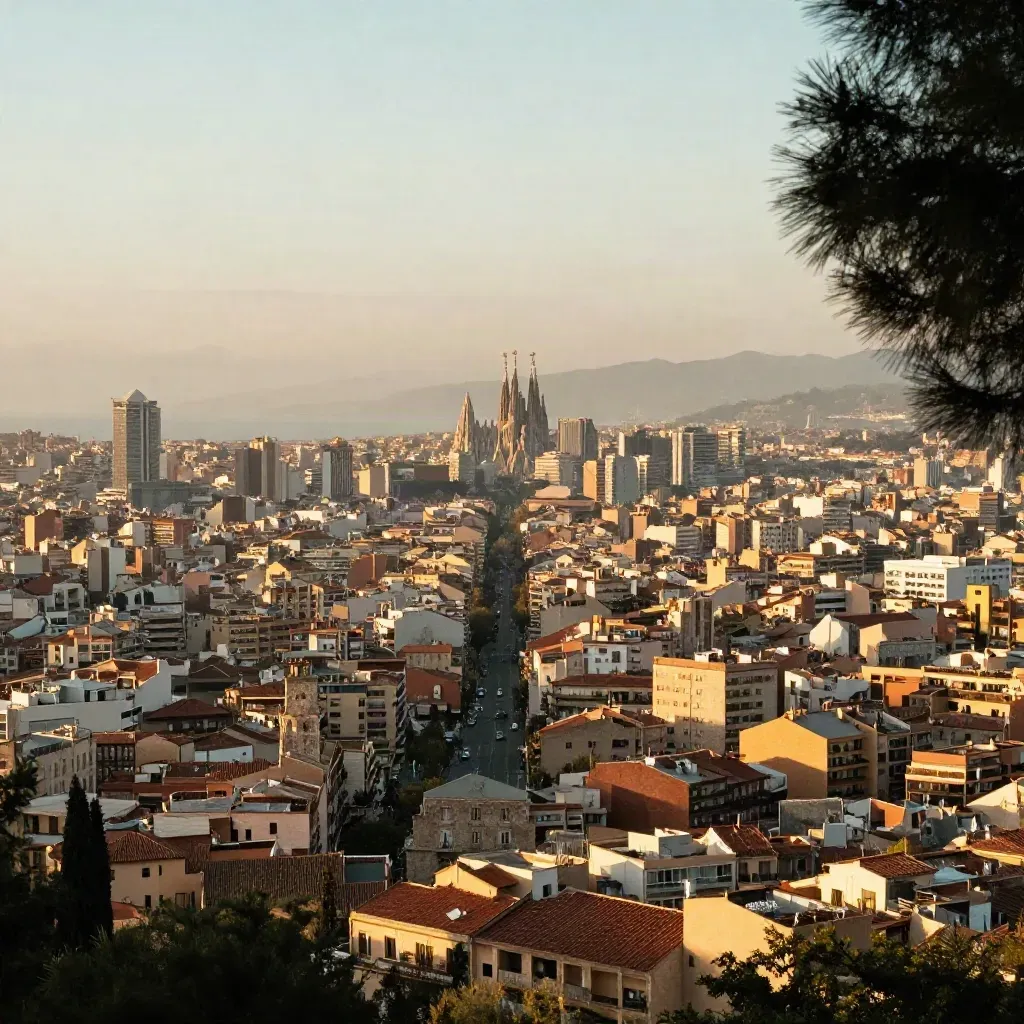 Barcelona desde Tibidabo al amanecer dorado, con la Sagrada Família lejana y cielo cálido
