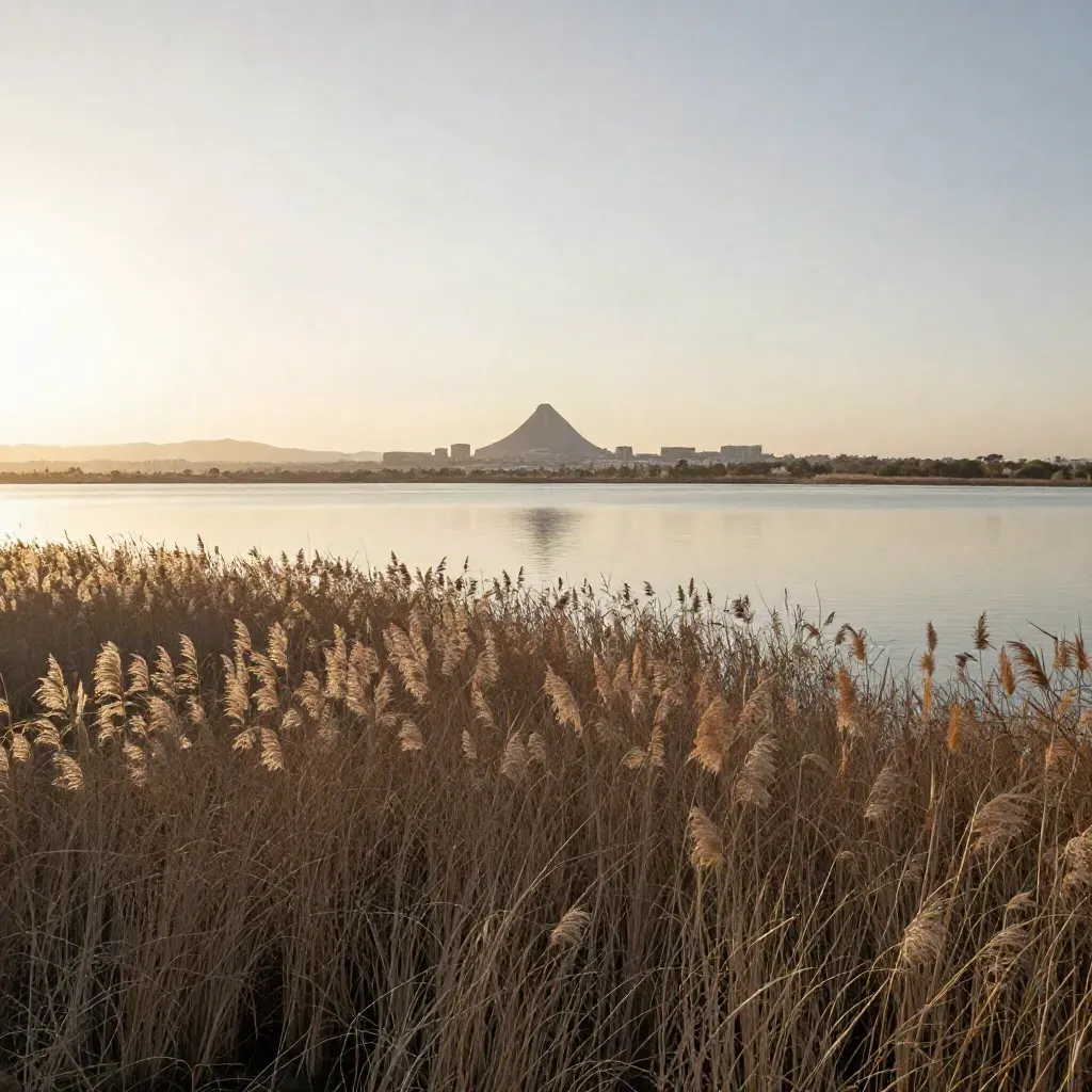La Albufera al atardecer con la silueta lejana de la Ciudad de las Artes y las Ciencias.