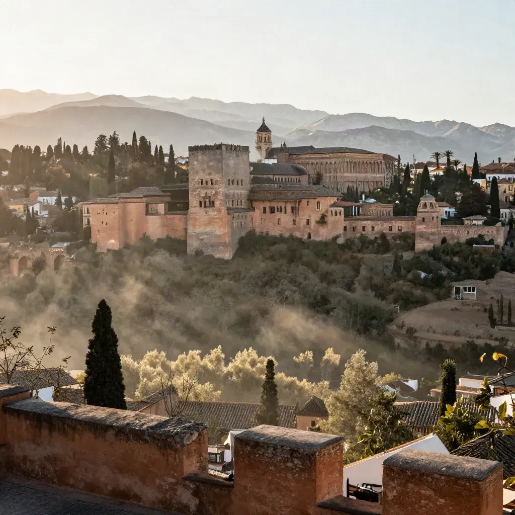 Vista elevada de Andalucía con la Alhambra y Sierra Nevada al atardecer.