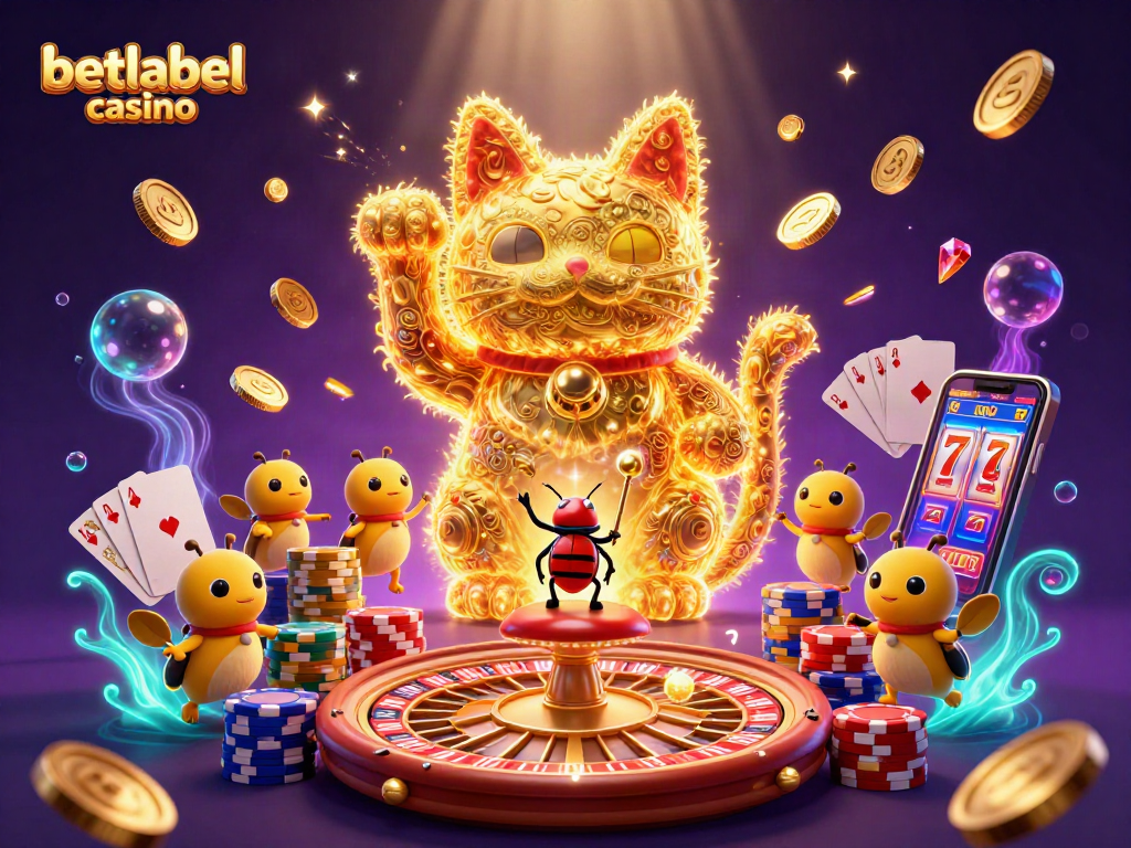Experience the excitement of betlabel casino with golden fireflies and dynamic gaming elements, showcasing vibrant casino symbols.